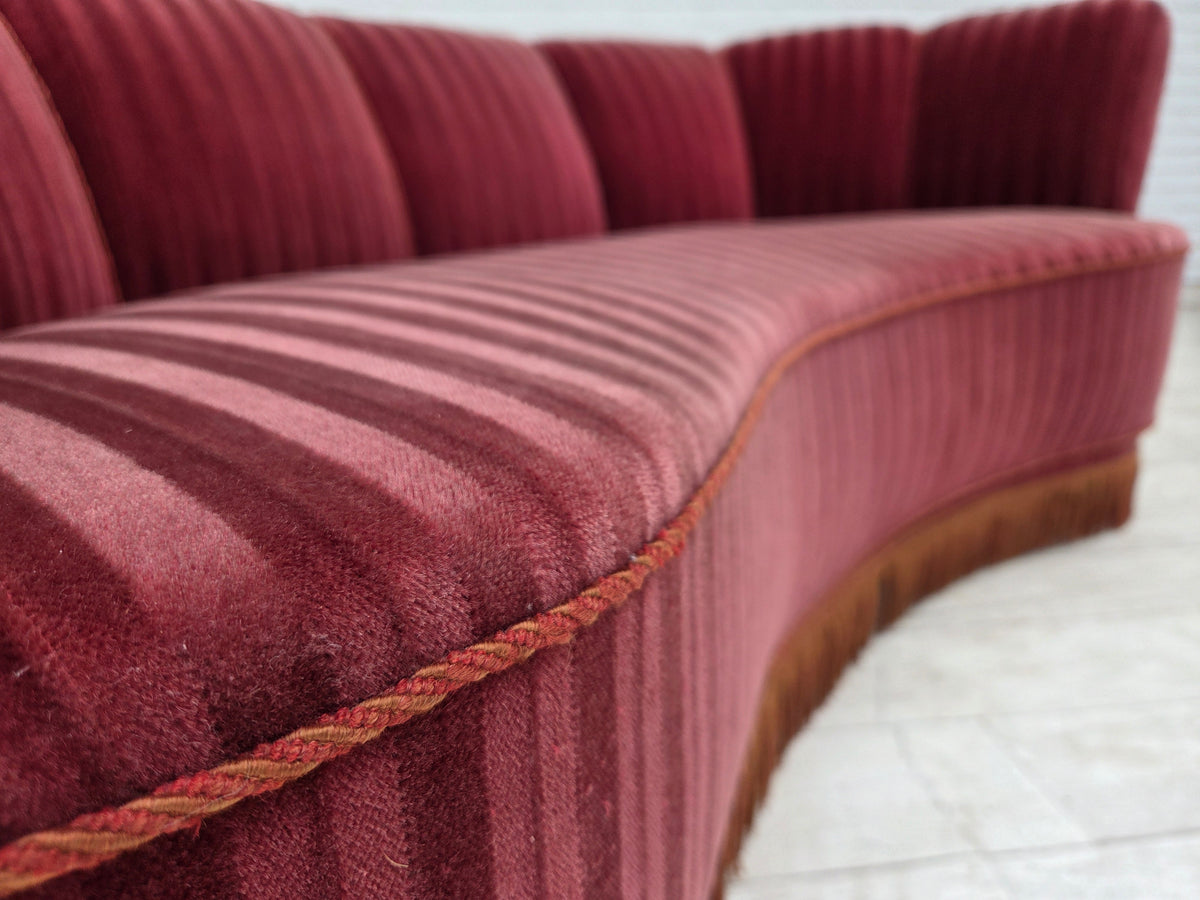 1960s, Danish 2-seater "Banan" sofa, furniture velour, oak wood.