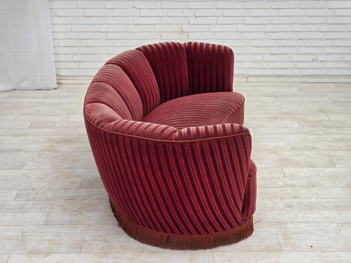1960s, Danish 2-seater "Banan" sofa, furniture velour, oak wood.