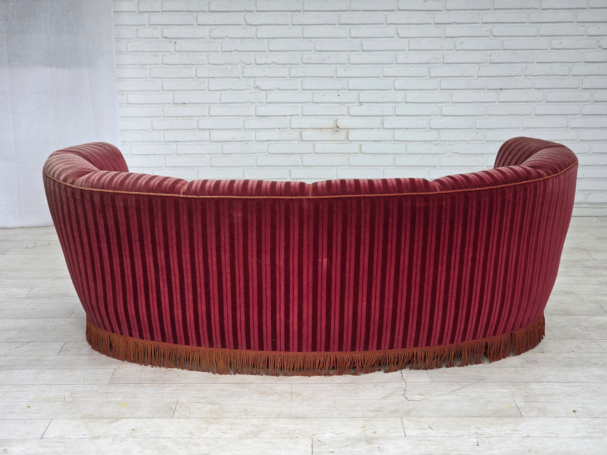 1960s, Danish 2-seater "Banan" sofa, furniture velour, oak wood.