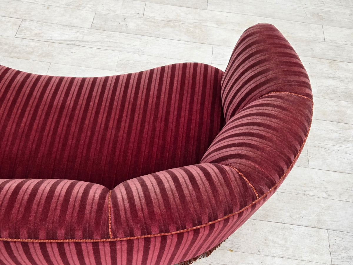 1960s, Danish 2-seater "Banan" sofa, furniture velour, oak wood.