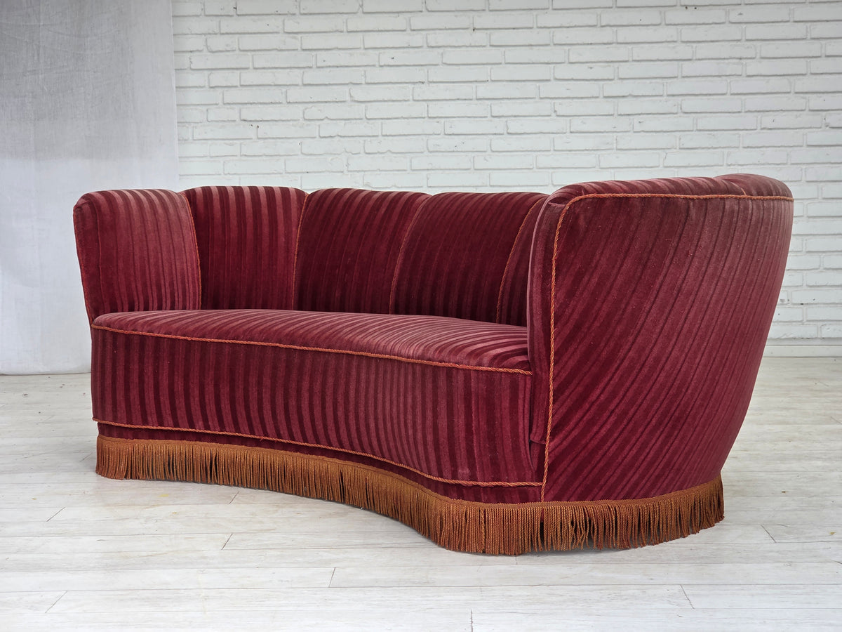 1960s, Danish 2-seater "Banan" sofa, furniture velour, oak wood.