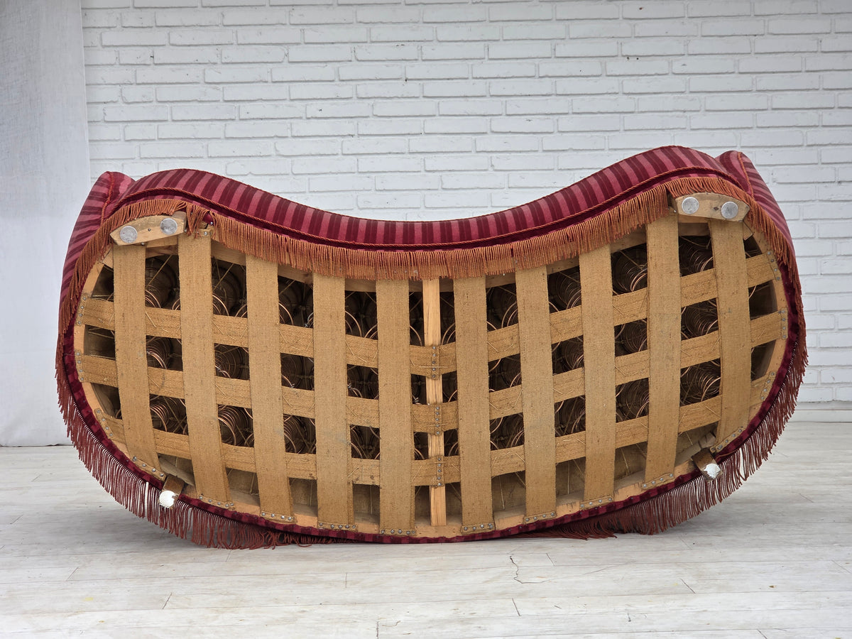 1960s, Danish 2-seater "Banan" sofa, furniture velour, oak wood.