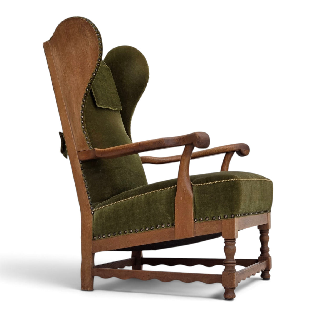 1960s, Danish wingback, highback armchair, furniture velour, oak wood.