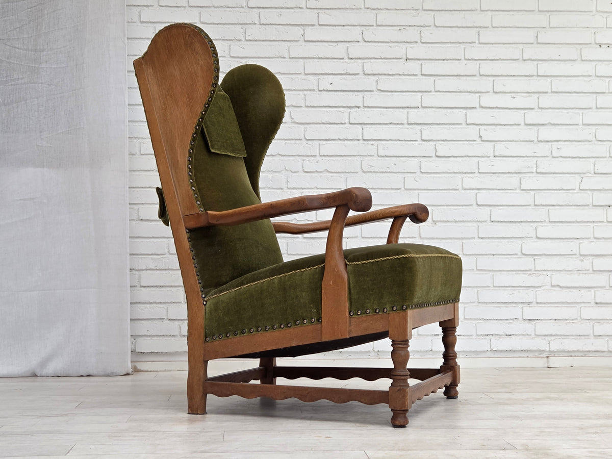 1960s, Danish wingback, highback armchair, furniture velour, oak wood.