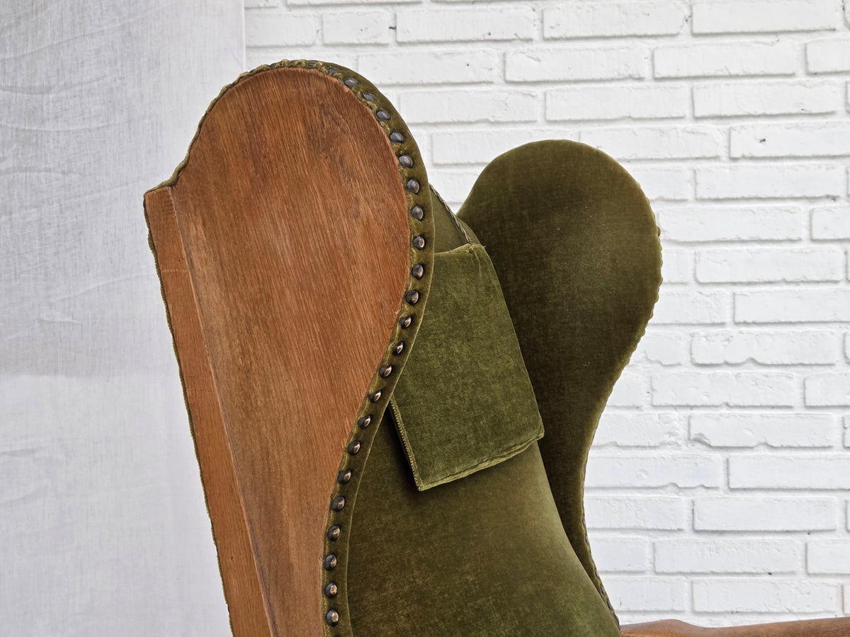 1960s, Danish wingback, highback armchair, furniture velour, oak wood.
