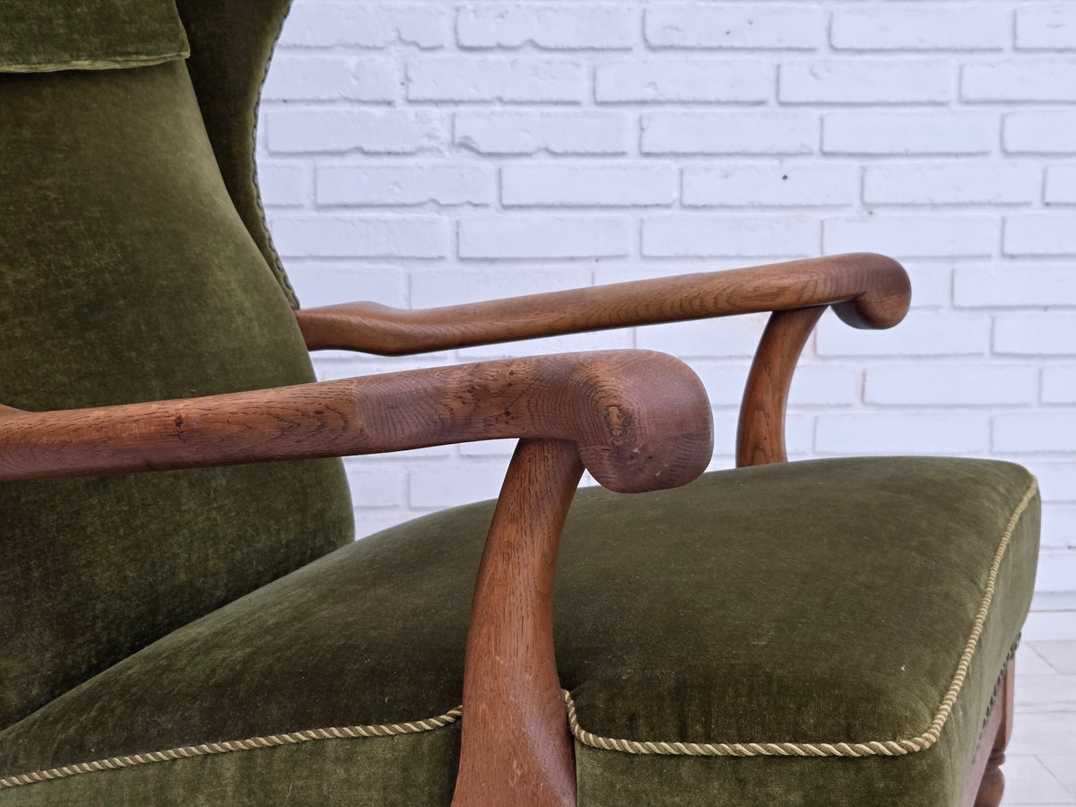 1960s, Danish wingback, highback armchair, furniture velour, oak wood.