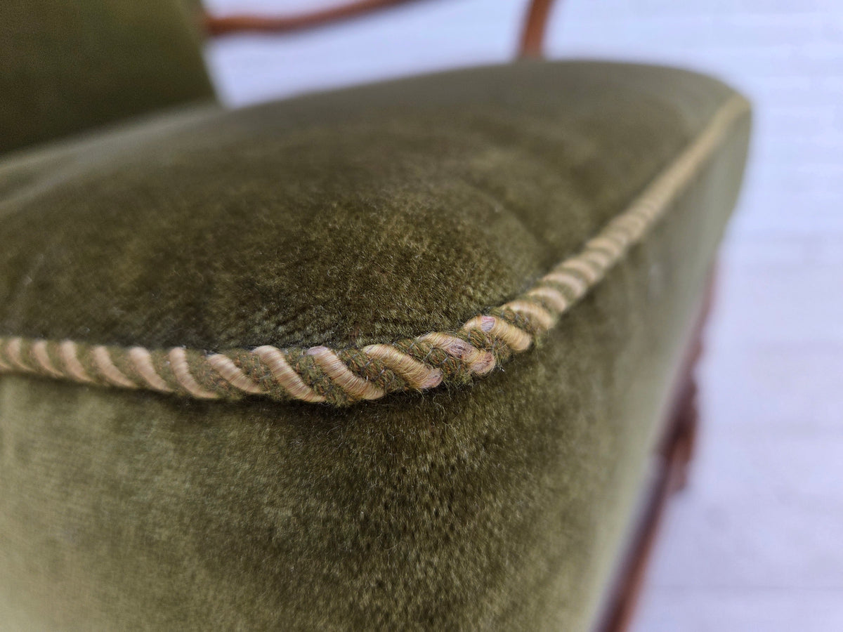 1960s, Danish wingback, highback armchair, furniture velour, oak wood.