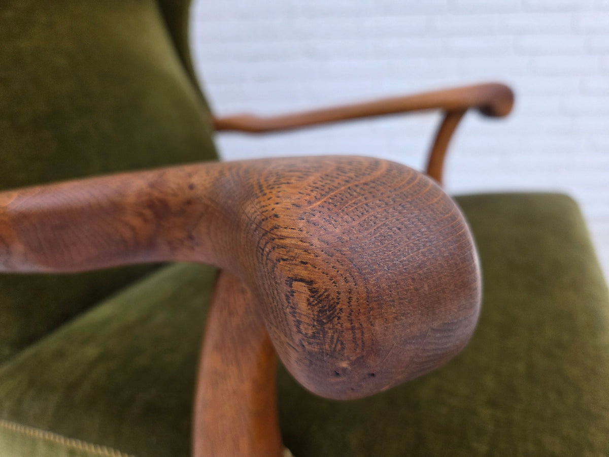1960s, Danish wingback, highback armchair, furniture velour, oak wood.