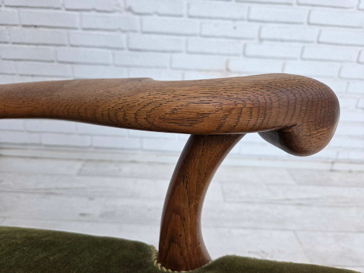 1960s, Danish wingback, highback armchair, furniture velour, oak wood.