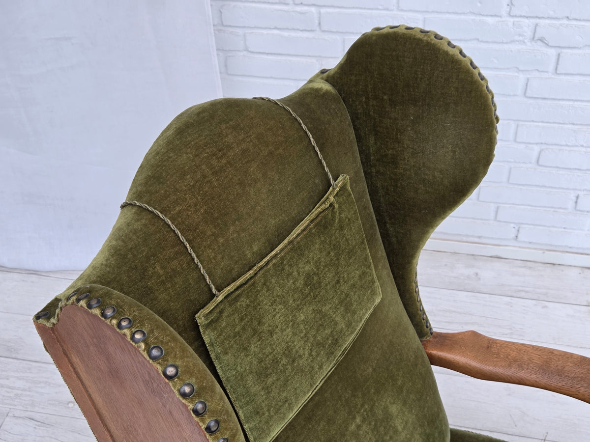 1960s, Danish wingback, highback armchair, furniture velour, oak wood.