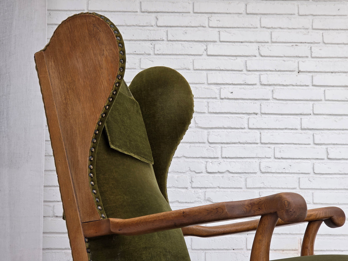 1960s, Danish wingback, highback armchair, furniture velour, oak wood.