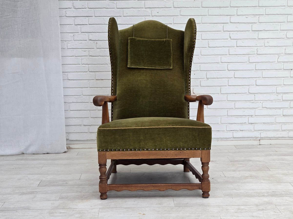 1960s, Danish wingback, highback armchair, furniture velour, oak wood.