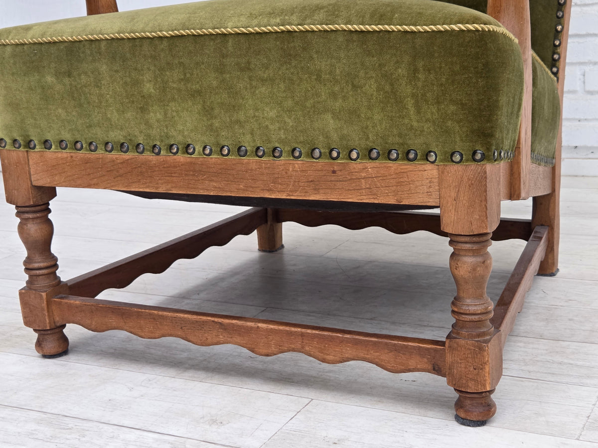 1960s, Danish wingback, highback armchair, furniture velour, oak wood.