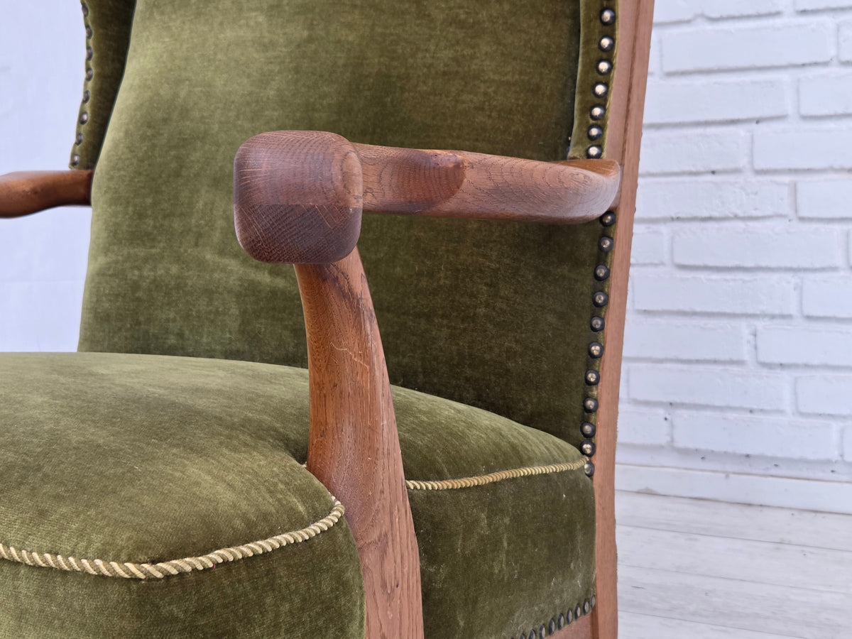 1960s, Danish wingback, highback armchair, furniture velour, oak wood.