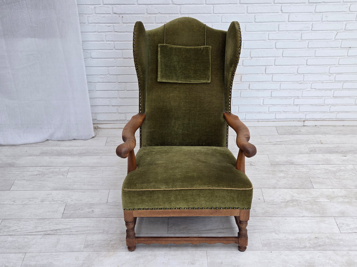 1960s, Danish wingback, highback armchair, furniture velour, oak wood.