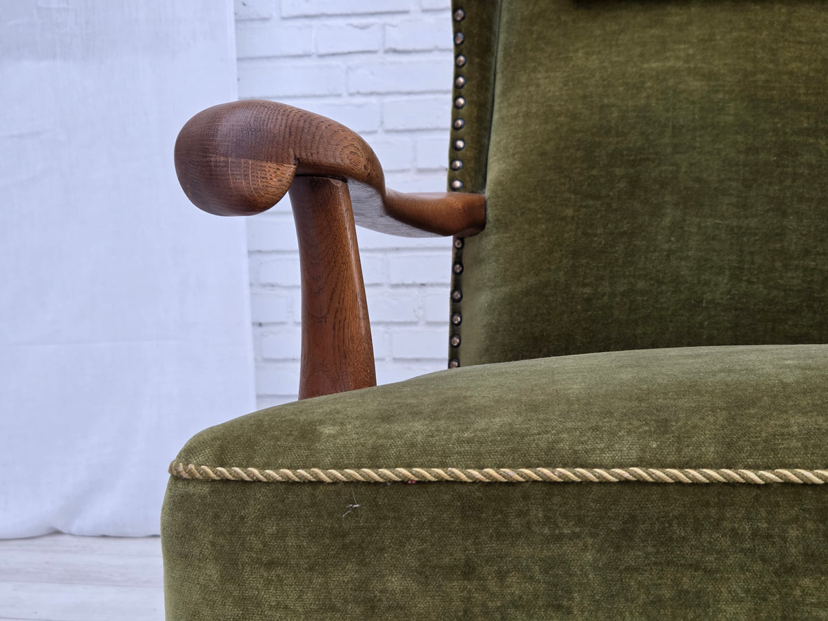 1960s, Danish wingback, highback armchair, furniture velour, oak wood.