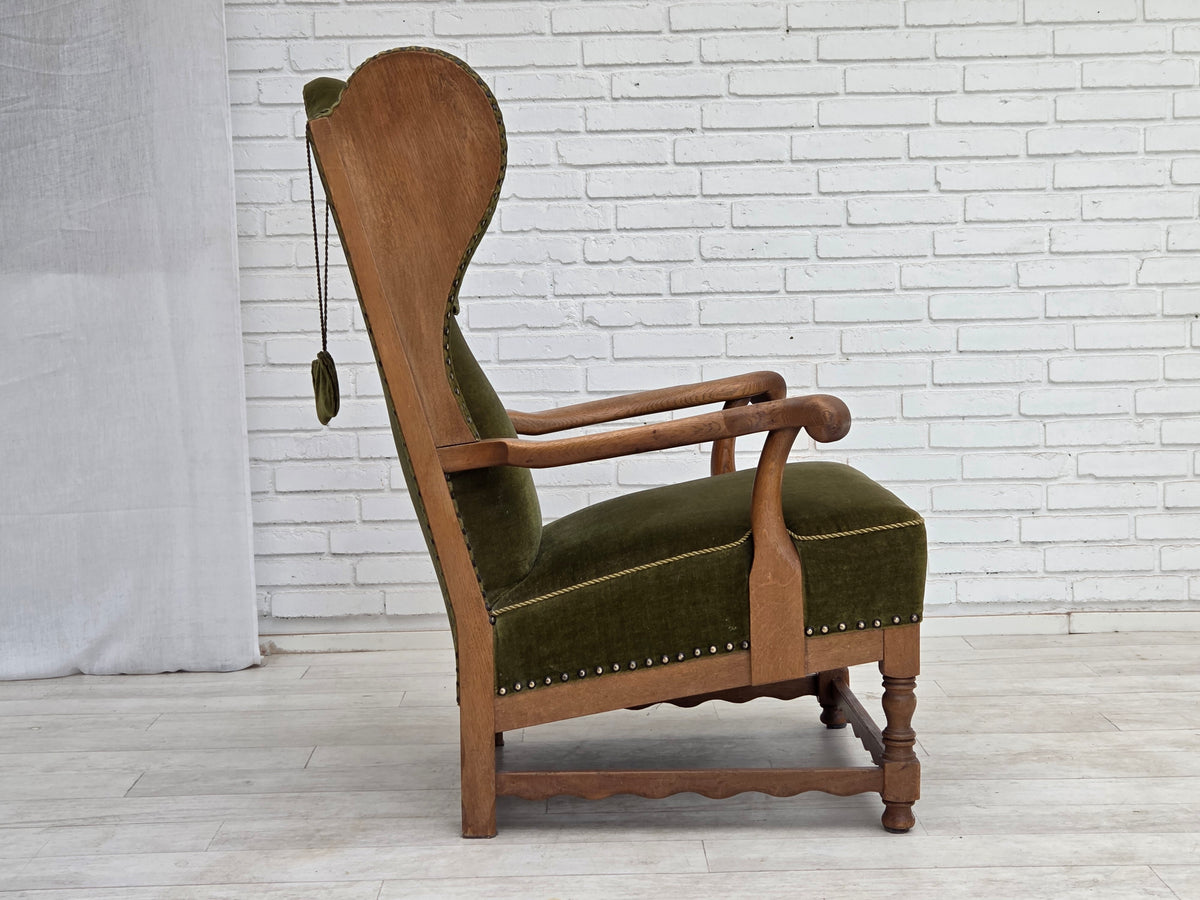 1960s, Danish wingback, highback armchair, furniture velour, oak wood.