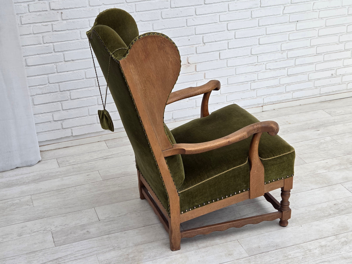 1960s, Danish wingback, highback armchair, furniture velour, oak wood.