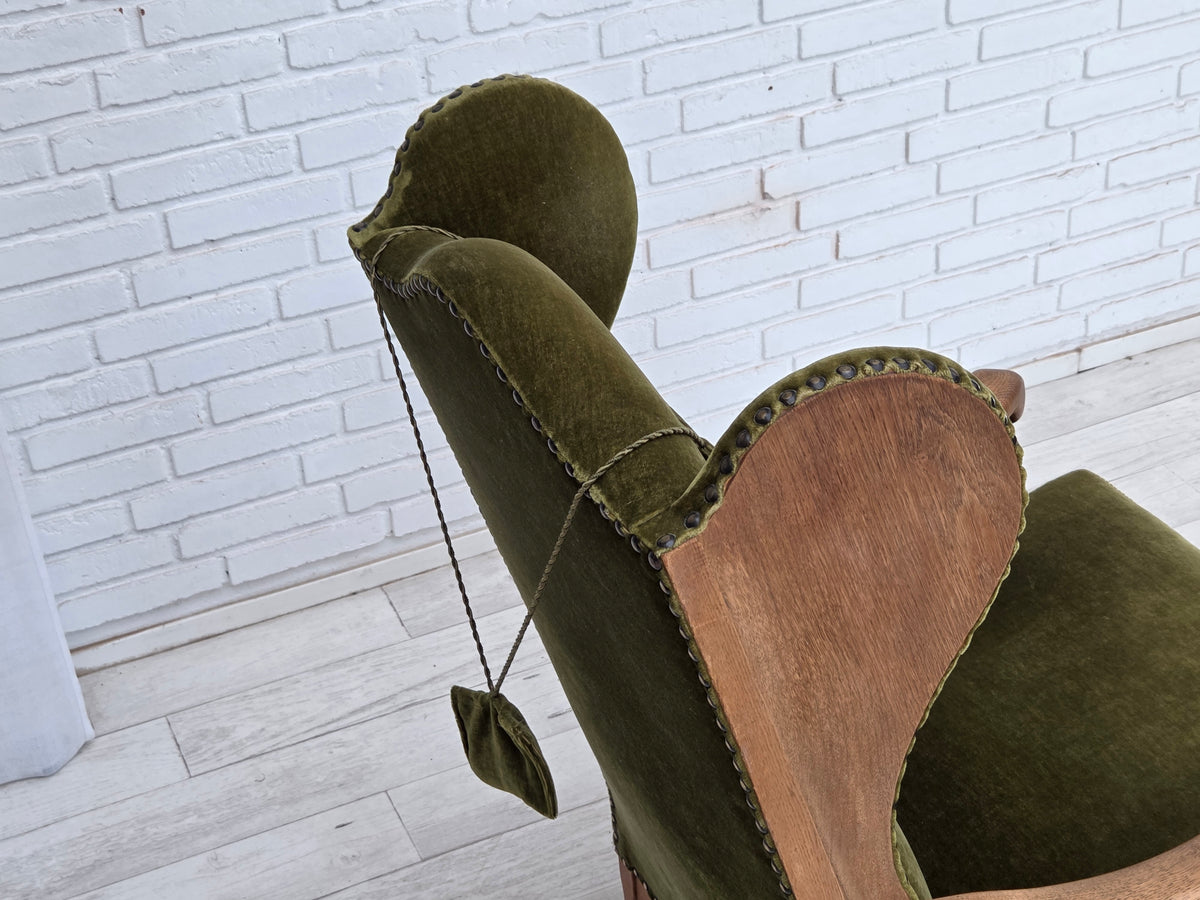 1960s, Danish wingback, highback armchair, furniture velour, oak wood.