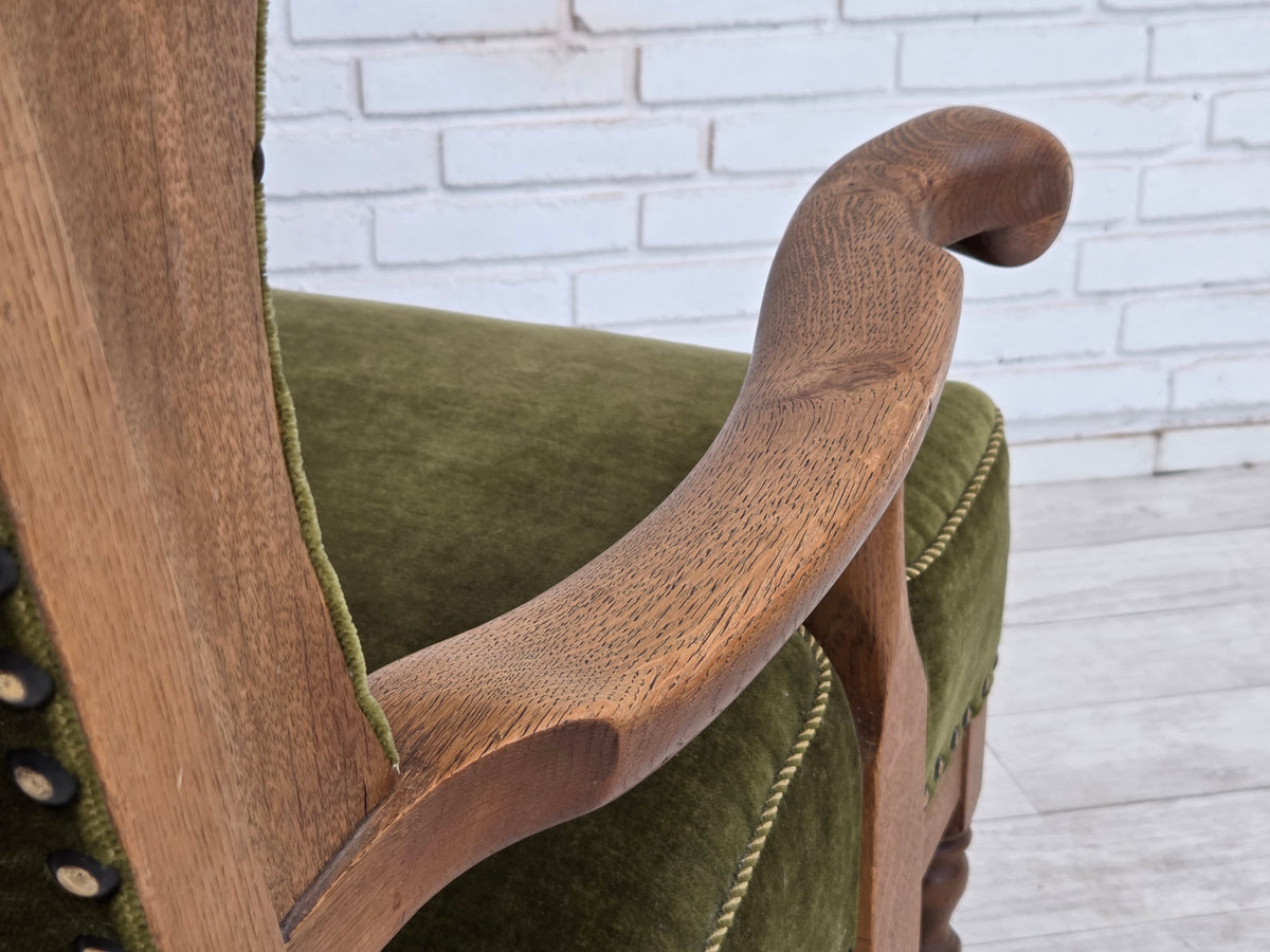 1960s, Danish wingback, highback armchair, furniture velour, oak wood.