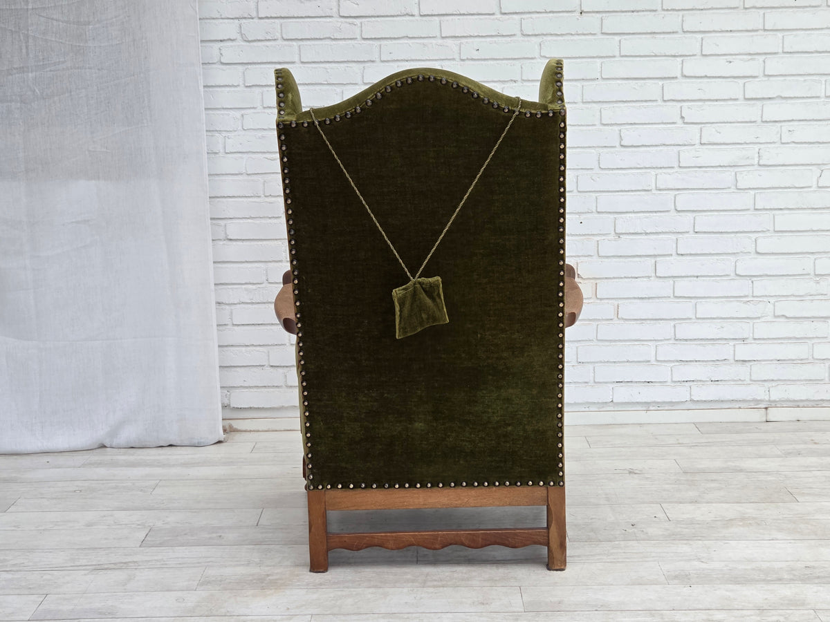 1960s, Danish wingback, highback armchair, furniture velour, oak wood.