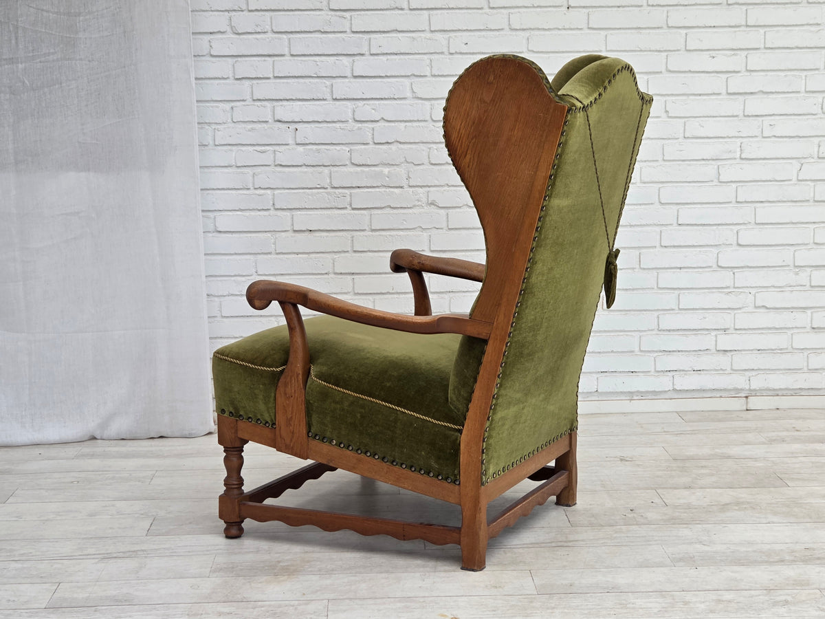 1960s, Danish wingback, highback armchair, furniture velour, oak wood.