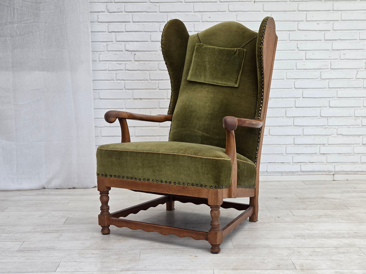 1960s, Danish wingback, highback armchair, furniture velour, oak wood.