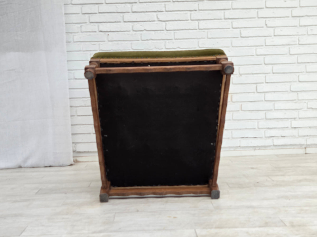 1960s, Danish wingback, highback armchair, furniture velour, oak wood.