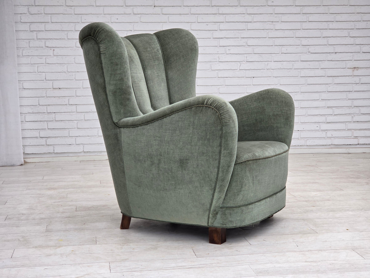 1960s, Danish highback relax chair, furniture velour, ash wood.