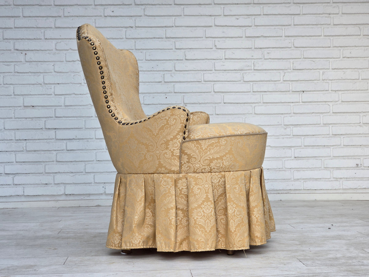 1960s, Danish cocktail lounge chair, jacquard fabric, beech wood.