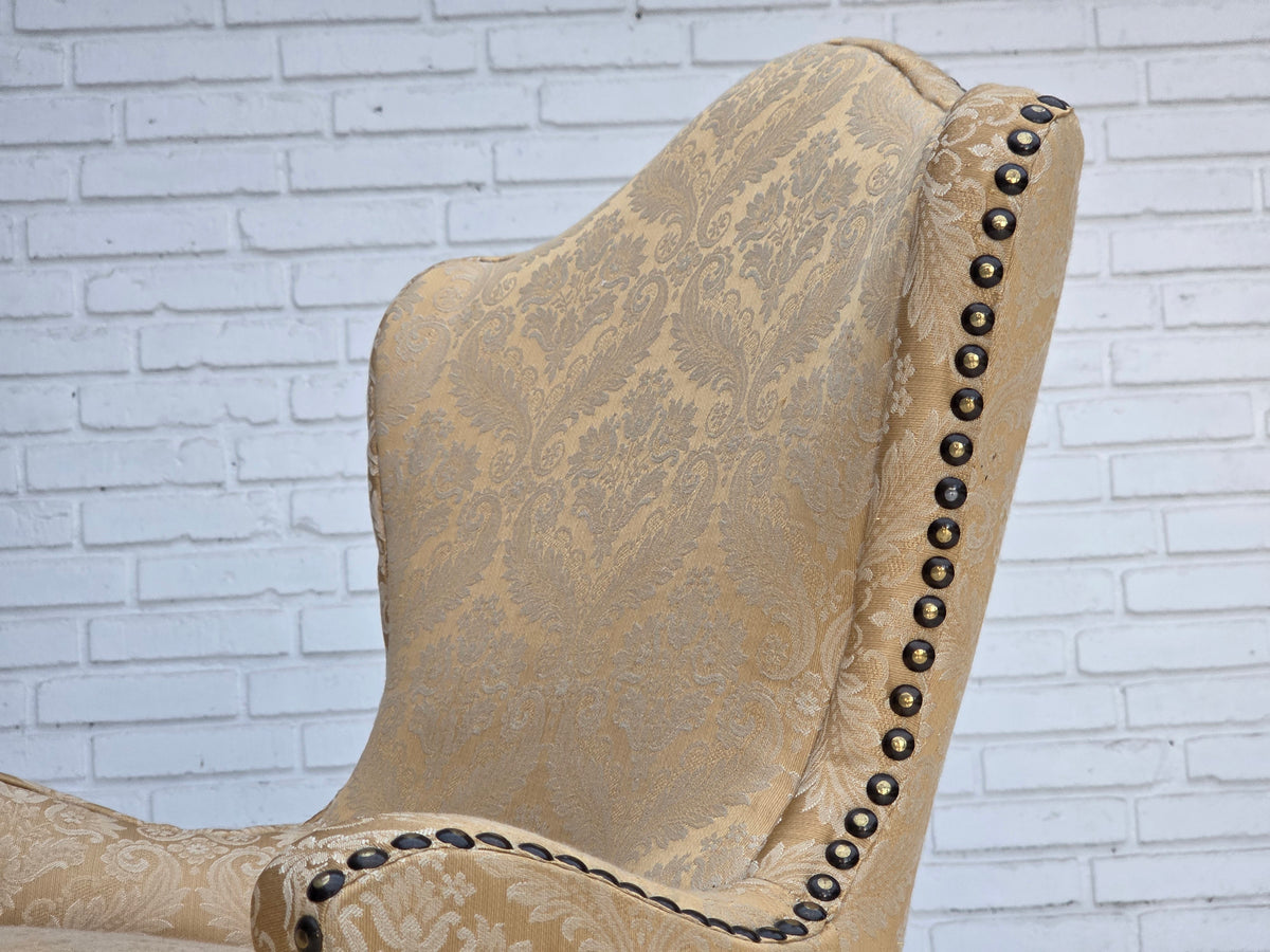 1960s, Danish cocktail lounge chair, jacquard fabric, beech wood.