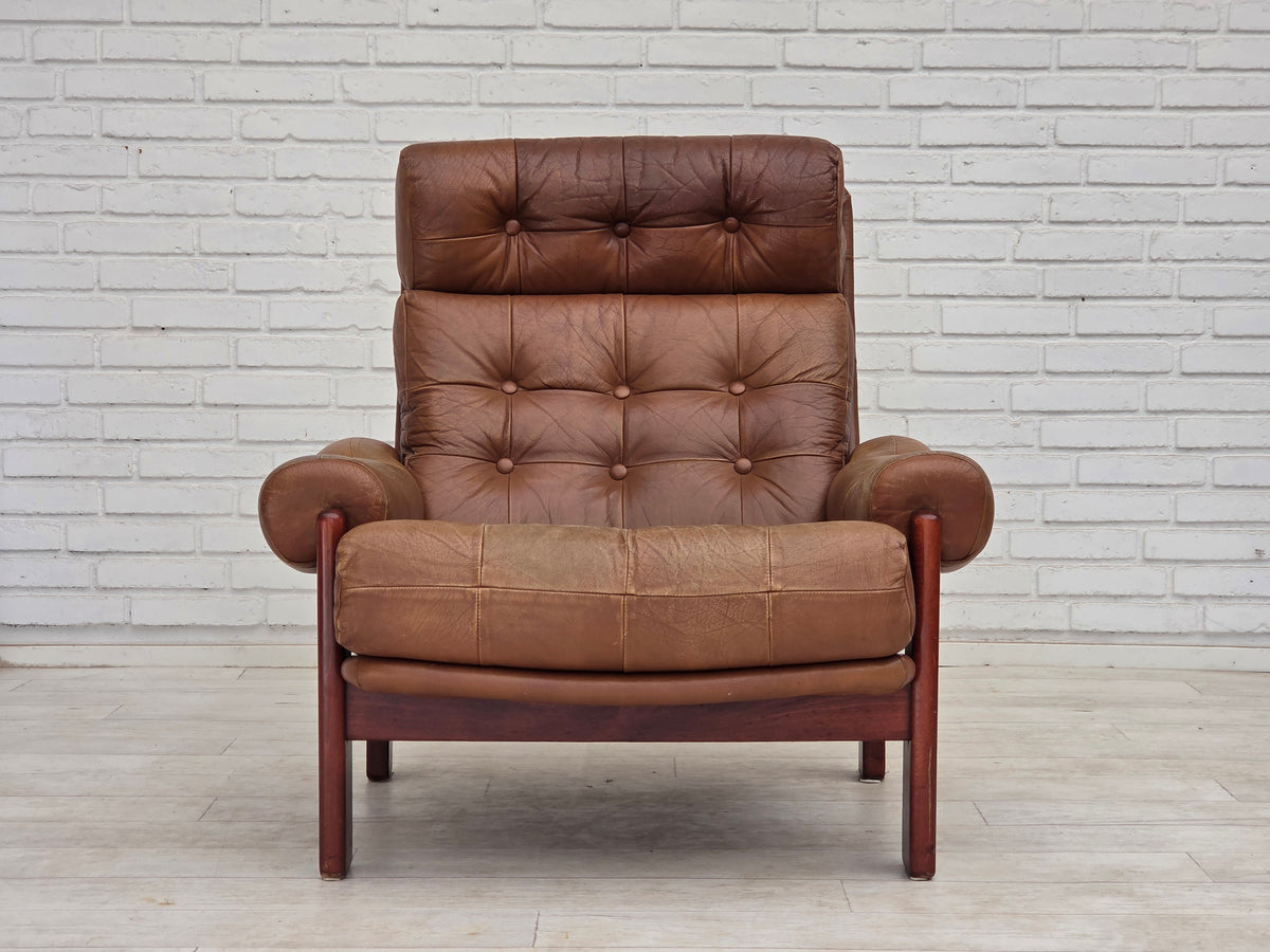 1970s, Swedish design, armchair with footstool, furniture leather.