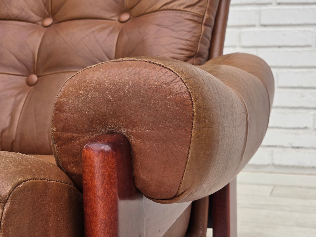 1970s, Swedish design, armchair with footstool, furniture leather.