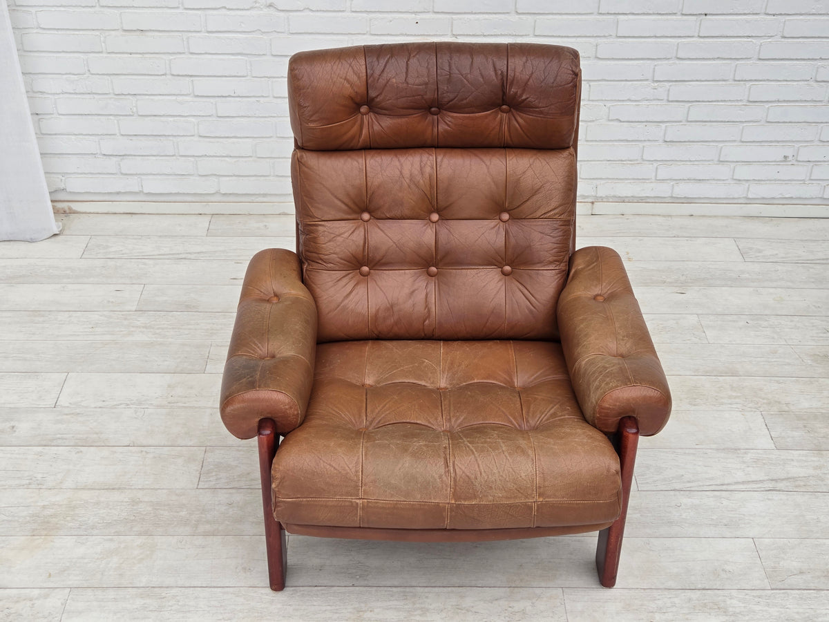 1970s, Swedish design, armchair with footstool, furniture leather.