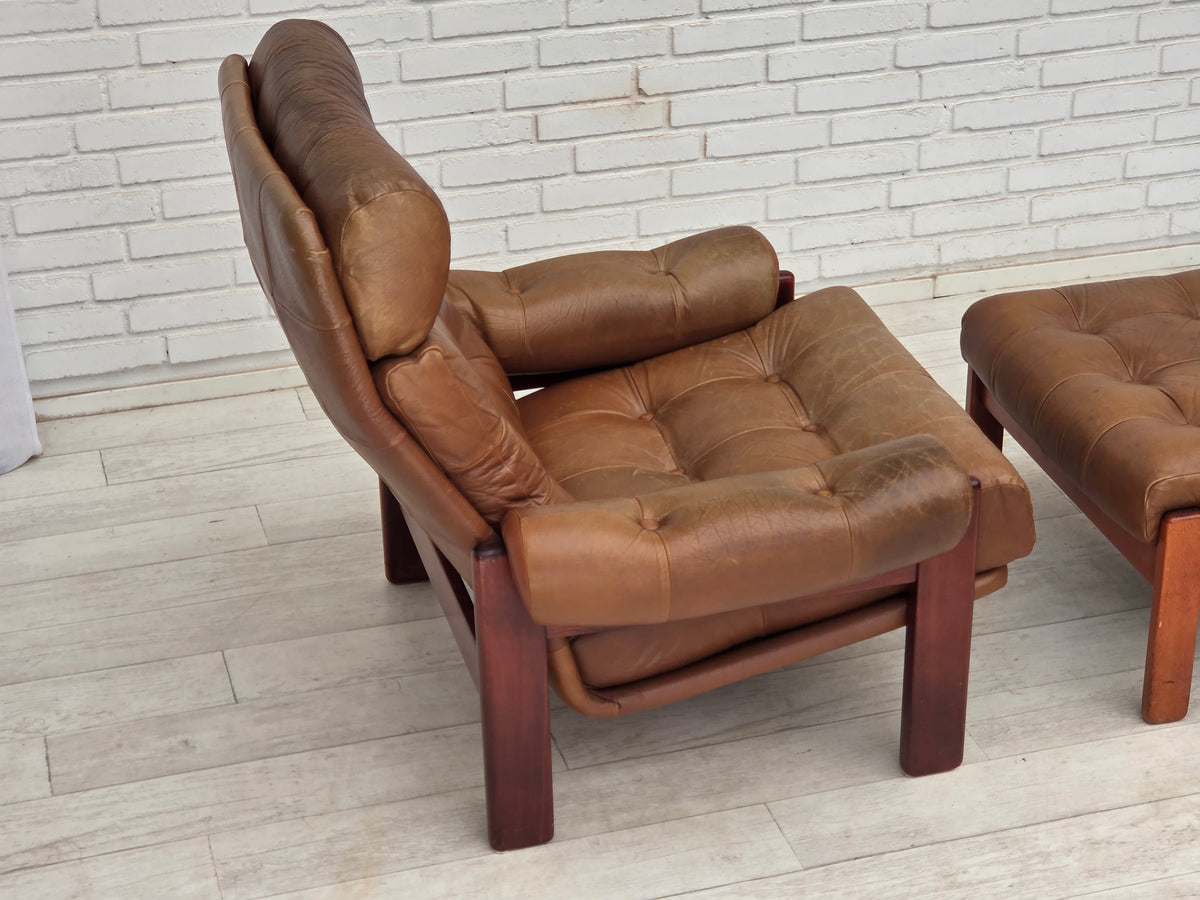 1970s, Swedish design, armchair with footstool, furniture leather.