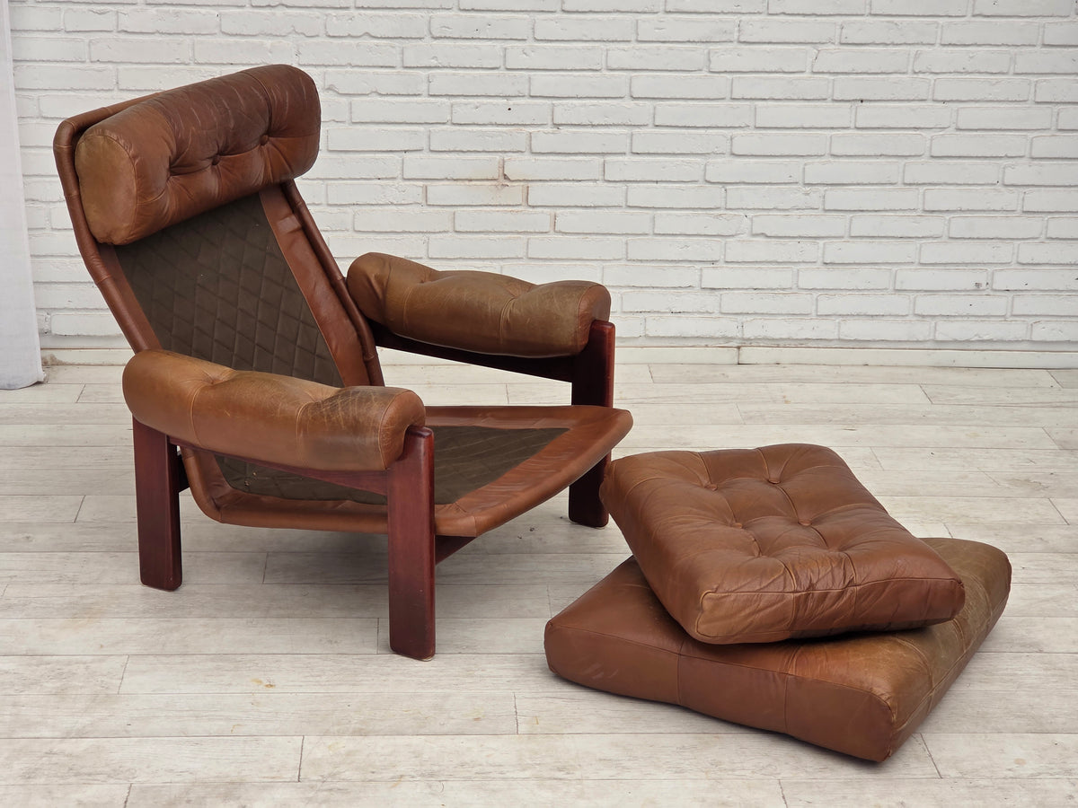 1970s, Swedish design, armchair with footstool, furniture leather.