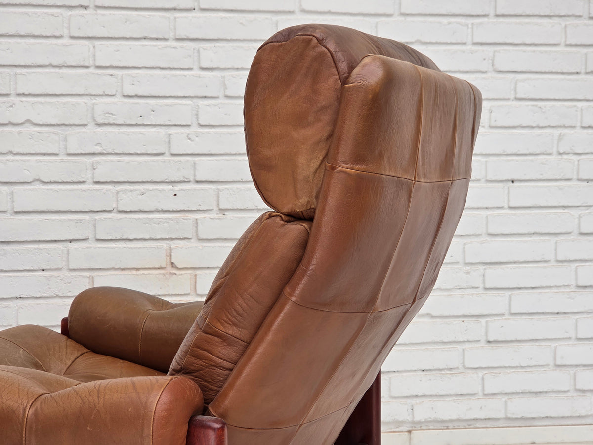 1970s, Swedish design, armchair with footstool, furniture leather.