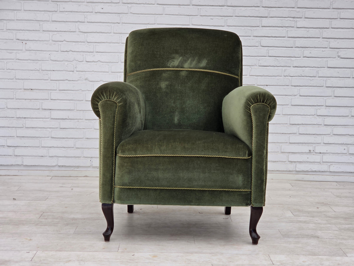 1950s, Danish highback relax armchair, furniture velour, beech wood.