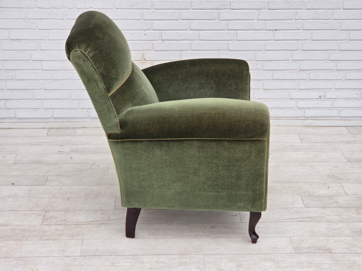 1950s, Danish highback relax armchair, furniture velour, beech wood.