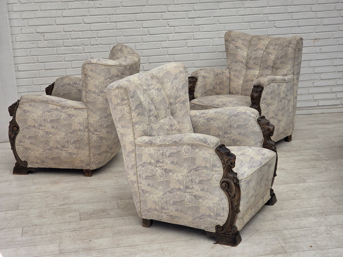 1960s, Danish armchair, furniture jacquard fabric, hand carved ash wood.