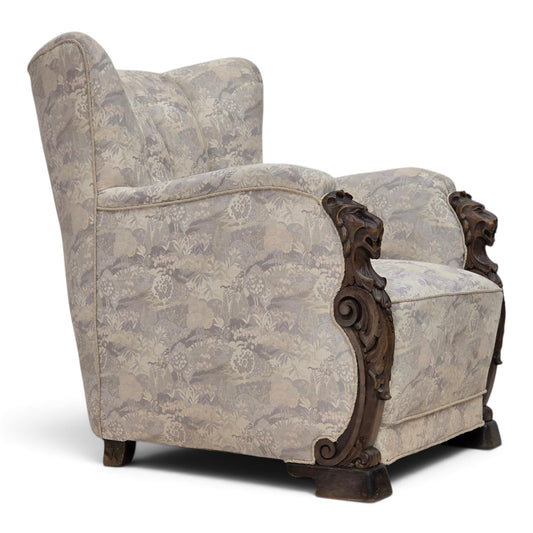 1960s, Danish armchair, furniture jacquard fabric, hand carved ash wood.