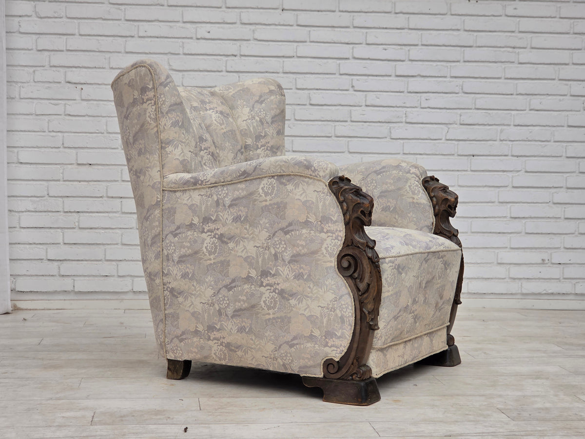 1960s, Danish armchair, furniture jacquard fabric, hand carved ash wood.