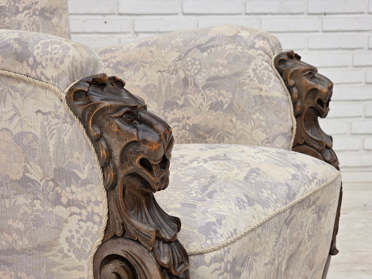 1960s, Danish armchair, furniture jacquard fabric, hand carved ash wood.