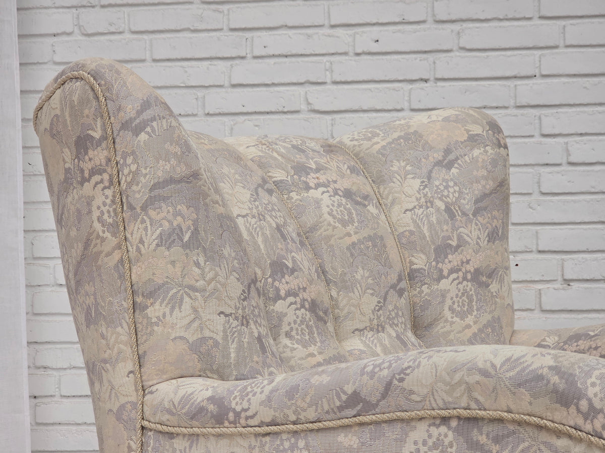 1960s, Danish armchair, furniture jacquard fabric, hand carved ash wood.
