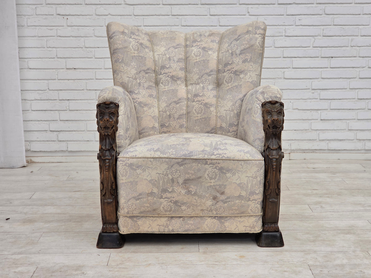 1960s, Danish armchair, furniture jacquard fabric, hand carved ash wood.
