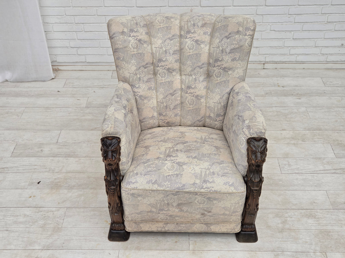 1960s, Danish armchair, furniture jacquard fabric, hand carved ash wood.