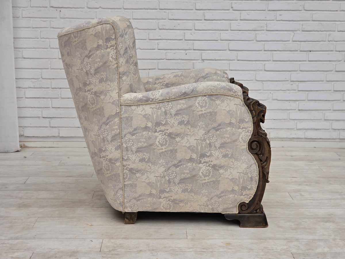 1960s, Danish armchair, furniture jacquard fabric, hand carved ash wood.