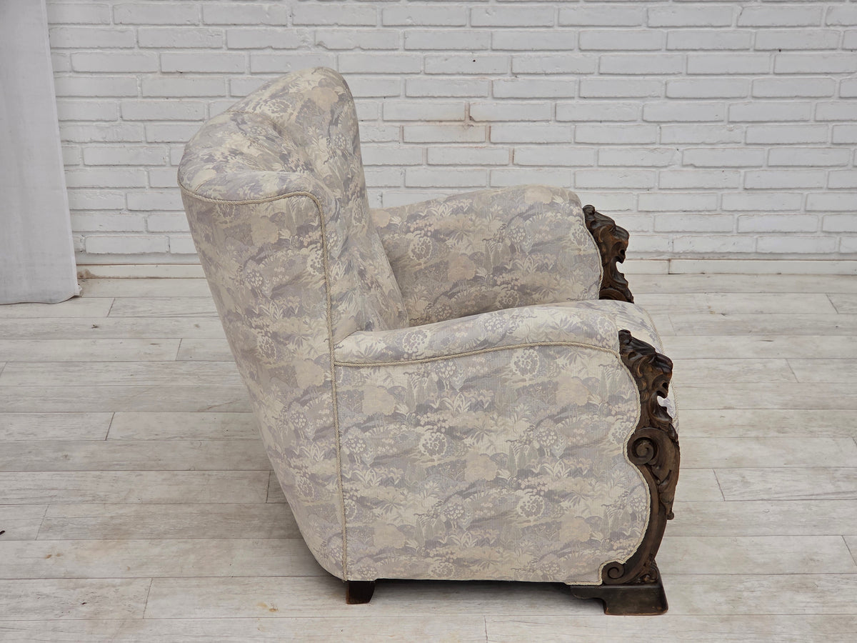 1960s, Danish armchair, furniture jacquard fabric, hand carved ash wood.