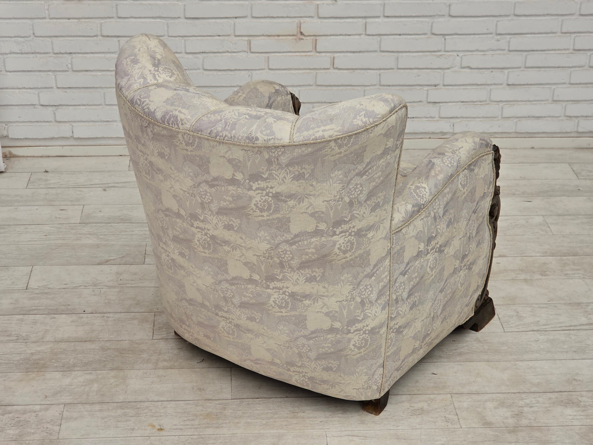 1960s, Danish armchair, furniture jacquard fabric, hand carved ash wood.