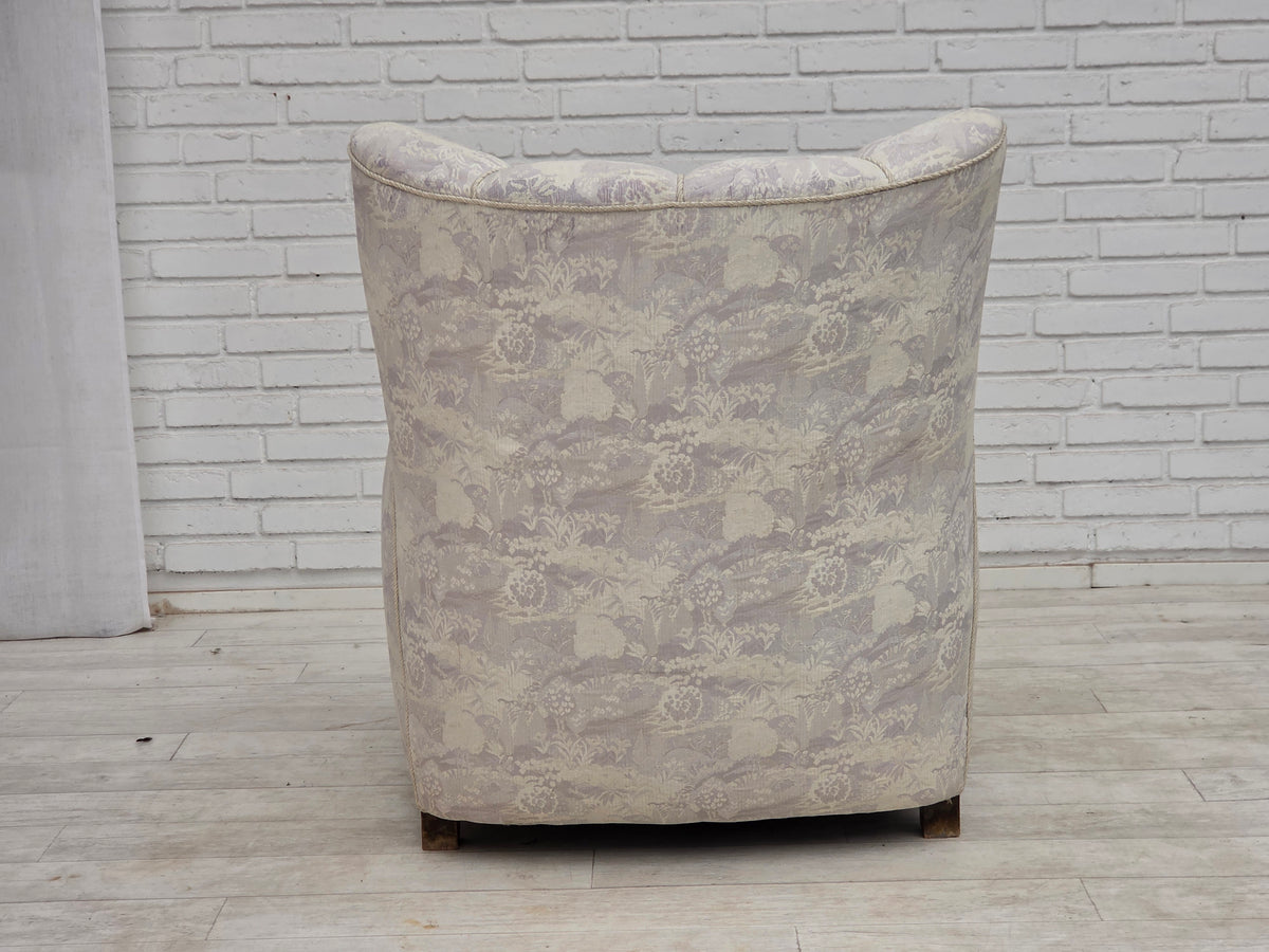 1960s, Danish armchair, furniture jacquard fabric, hand carved ash wood.